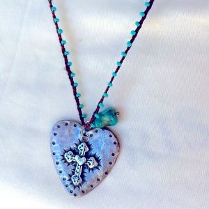 Woven bead necklace with Silver heart w embossed cross & turquoise bead